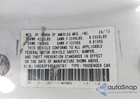 2015 Honda Accord Lx z USA, uszkodzony, nr VIN 1HGCR2F34FA167367